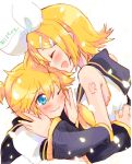  1boy 1girl bangs bare_shoulders black_collar black_sleeves blonde_hair blue_eyes blush bow brother_and_sister closed_eyes closed_mouth collar commentary crop_top detached_sleeves hair_bow hair_ornament hairclip hands_on_another&#039;s_face highres hug kagamine_len kagamine_rin nail_polish neckerchief one_eye_closed open_mouth sailor_collar school_uniform shiroro69 shirt short_hair short_ponytail short_sleeves shoulder_tattoo siblings sleeveless sleeveless_shirt smile spiky_hair swept_bangs tattoo translated twins upper_body vocaloid white_bow white_shirt yellow_nails yellow_neckwear 