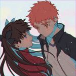  1boy 1girl abc_momoka0718 black_hair blue_eyes embarrassed emiya_shirou fate/hollow_ataraxia fate/stay_night fate_(series) red_sweater redhead smile sweater toosaka_rin twintails yellow_eyes 