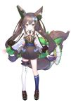  1girl absurdres animal_ears cable chigusa_hana chigusa_hana_channel commentary_request fox_ears fox_tail frills full_body green_eyes hair_ornament hairclip highres ibara_riato jacket long_hair looking_at_viewer official_art ribbon simple_background single_thighhigh smile solo standing tail thigh-highs virtual_youtuber white_background 