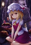  1girl absurdres ascot bangs bat blonde_hair blush bow candy commentary_request crystal eyebrows_visible_through_hair feet_out_of_frame flandre_scarlet food frilled_shirt_collar frills hat hat_bow highres huge_filesize indoors jack-o&#039;-lantern looking_at_viewer miniskirt mob_cap nail_polish nankam night night_sky red_bow red_eyes red_nails red_skirt red_vest shirt short_hair short_sleeves sitting skirt skirt_set sky solo touhou vest wariza white_headwear white_shirt wings yellow_neckwear 