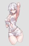  1girl absurdres arm_behind_head armpits breasts code_vein dress eyebrows_visible_through_hair grey_background hair_between_eyes highres io_(code_vein) large_breasts looking_at_viewer serin199 short_hair simple_background solo sweat thighs white_dress white_hair yellow_eyes 