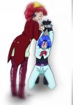  1boy 1girl buchichu chain chained closed_eyes femdom kojirou_(pokemon) pokemon pokemon_(anime) red_background rumika_(pokemon) team_rocket 