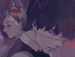  1boy 2girls bangs character_request closed_mouth eyepatch grey_background highres kaneki_ken kirishima_touka looking_at_viewer multiple_girls portrait red_background red_eyes shirt short_hair spot_color stfr_(stfr_kaz) tokyo_ghoul vest 