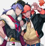 2boys baseball_cap cape commentary_request dande_(pokemon) dark_skin dark_skinned_male facial_hair fang fur_trim gym_leader hat highres jacket kibana_(pokemon) leon_(pokemon) long_hair looking_at_viewer male_focus multiple_boys open_mouth pokemon pokemon_(game) pokemon_swsh purple_hair raihan_(pokemon) rotom simple_background smile wakahiko white_background yellow_eyes