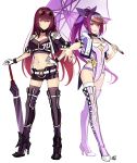  2girls bangs belt black_legwear blush boots bow breasts closed_mouth closed_umbrella coattails cropped_jacket eyewear_on_head fate/grand_order fate_(series) full_body fur-trimmed_jacket fur_trim gloves hair_between_eyes hair_bow high_heel_boots high_heels jacket large_breasts leotard long_hair looking_at_viewer midriff multiple_girls navel okitakung open_mouth outstretched_arm ponytail purple_bow purple_footwear purple_jacket purple_leotard purple_shorts racequeen red_eyes scathach_(fate)_(all) scathach_(fate/grand_order) scathach_skadi_(fate/grand_order) short_shorts shorts simple_background smile sunglasses thigh-highs thigh_boots thighhighs_under_boots umbrella visor_cap white_background white_gloves white_legwear 