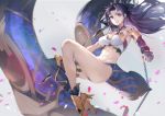 1girl absurdres asymmetrical_legwear asymmetrical_sleeves bangs bare_shoulders black_hair breasts chain commentary crown earrings elbow_gloves fate/grand_order fate_(series) gloves hair_ribbon highres hoop_earrings ishtar_(fate/grand_order) jewelry joehongtee long_hair looking_at_viewer medium_breasts navel parted_bangs red_eyes ribbon single_elbow_glove single_thighhigh smile solo thigh-highs two_side_up 