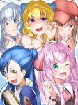  5girls :d ;d absurdres aqua_eyes blue_bow blue_eyes book bow braid brooch brown_eyes brown_hair check_character choujin_koukousei-tachi_wa_isekai_demo_yoyuu_de_ikinuku_you_desu! crossover fingerless_gloves gloves hair_bow hair_bun hair_ornament hair_stick hairclip hand_up hat hat_bow highres honzuki_no_gekokujou index_finger_raised jewelry kemonomichi kono_yuusha_ga_ore_tueee_kuse_ni_shinchou_sugiru long_hair looking_at_viewer maine_(honzuki_no_gekokujou) mile_(noukin) multiple_girls ojou-sama_pose one_eye_closed oohoshi_ringo open_mouth pink_hair red_bow red_headwear ristarte_(kono_yuusha_ga_ore_tueee_kuse_ni_shinchou_sugiru) season_connection shigure_(kemonomichi) smile takechii_(user_fpya5735) twin_braids watashi_nouryoku_wa_heikinchi_de_tte_itta_yo_ne! white_bow white_gloves 