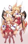  2girls animal_ears blonde_hair breasts closed_eyes detached_sleeves dual_persona eyebrows_visible_through_hair fox_ears fox_tail full_body hands_on_hips highres holding holding_sword holding_weapon izuna_(shinrabanshou) karukan_(monjya) katana long_hair looking_at_viewer medium_breasts multiple_girls multiple_tails red_eyes shinrabanshou sideboob simple_background smile standing sword tail thick_eyebrows thigh-highs weapon white_background white_legwear wide_sleeves younger 