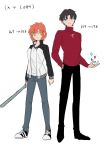  1boy 1girl black_hair blue_eyes emiya_shirou fate/hollow_ataraxia fate/stay_night fate_(series) gem genderswap highres kamo_0707 red_sweater redhead sweater toosaka_rin 