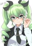  1girl adjusting_eyewear anchovy anzio_school_uniform artist_name bangs black_cape black_neckwear black_ribbon cape closed_mouth commentary dress_shirt drill_hair eyebrows_visible_through_hair girls_und_panzer glasses green_hair hair_ribbon highres kakimoto_nao long_hair long_sleeves looking_at_viewer necktie red-framed_eyewear red_eyes ribbon school_uniform semi-rimless_eyewear shirt signature simple_background smile solo twin_drills twintails under-rim_eyewear upper_body white_background white_shirt 