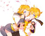  1boy 1girl bangs bare_shoulders black_collar black_shorts black_sleeves blonde_hair blue_eyes bow brother_and_sister collar commentary crop_top detached_sleeves face-to-face finger_heart grin hair_bow hair_ornament hairclip headphones headset heart heart_background highres kagamine_len kagamine_rin leaning_forward light_blush looking_at_viewer nail_polish neckerchief necktie one_eye_closed outstretched_arm oyamada_gamata sailor_collar school_uniform shirt short_hair short_ponytail short_sleeves shorts siblings smile spiky_hair swept_bangs symbol_commentary symmetrical_pose twins vocaloid white_background white_bow white_shirt yellow_nails yellow_neckwear 