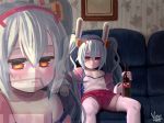  1girl animal_ears azur_lane bangs camisole commentary couch empty_eyes english_commentary expressionless fake_animal_ears flat_chest hair_between_eyes hairband highres jacket laffey_(azur_lane) lavender_hair legs_apart long_hair off_shoulder on_couch panties panty_peek parody pink_jacket pleated_skirt rabbit_ears red_eyes red_skirt redlettermedia rich_evans sidelocks signature sitting skindentation skirt soda_bottle solo strap_slip thigh-highs twintails underwear voccu wallpaper_(object) white_legwear zoom_layer 