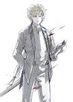  1boy blonde_hair blood blood_splatter collared_shirt fifteen_(katana_zero) formal hand_in_pocket holding holding_weapon katana katana_zero long_hair ponytail sheath sheathed shirt solo standing suit suit_jacket sword tokosume5 very_long_hair weapon 