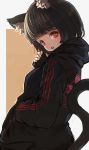  1girl :o animal_ear_fluff animal_ears azur_lane bangs black_hair black_hoodie blunt_bangs bob_cut breasts cat_ears cat_tail fang hand_in_pocket highres hood hood_down hoodie long_sleeves looking_at_viewer looking_to_the_side nyucha print_hoodie red_eyes short_hair sleeves_past_wrists solo tail yamashiro_(azur_lane) 