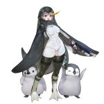  1girl animal animal_costume animal_hood bird blonde_hair bodysuit breasts empress_(last_origin) grey_hair highres hood last_origin looking_at_viewer multicolored_hair open_mouth penguin penguin_costume penguin_hood skindentation smile solo tachi-e transparent_background violet_eyes 