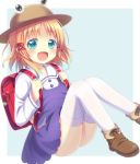  1girl :d alternate_costume ankle_boots arms_up backpack bag blonde_hair blue_background blue_eyes boots brown_footwear brown_headwear charm_(object) commentary_request eyebrows_visible_through_hair frog hair_ribbon hat leg_lift looking_at_viewer moriya_suwako open_mouth randoseru ribbon school_uniform short_hair sidelocks simple_background sitting smile solo thigh-highs tomo_takino touhou white_legwear 