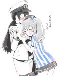  alternate_costume beret black_hair black_legwear black_skirt blush breasts buttons closed_eyes cowboy_shot employee_uniform epaulettes eyebrows_visible_through_hair frilled_skirt frills glasses grey_hair hair_between_eyes hand_on_another&#039;s_chest hat hat_ribbon hug kantai_collection kashima_(kantai_collection) lawson long_hair low_ponytail military military_hat military_uniform naval_uniform nyoriko opaque_glasses peaked_cap pleated_skirt ribbon shirt short_sleeves simple_background skirt smile sweat sweating_profusely translated twintails uniform wavy_hair white_background white_shirt 