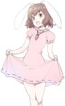  1girl :d animal_ears bare_arms brown_hair carrot_necklace commentary_request dress eyebrows_visible_through_hair floppy_ears highres inaba_tewi kt_kkz looking_at_viewer open_mouth pink_dress puffy_short_sleeves puffy_sleeves rabbit_ears red_eyes ribbon-trimmed_dress short_hair short_sleeves simple_background skirt_hold smile solo touhou white_background 
