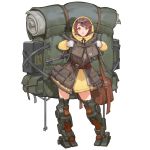  1girl ammo_box backpack bag blush brown_eyes brown_hair buckle eyebrows_visible_through_hair gloves gun highres holding holding_strap hood hood_up hoodie korean_text last_origin looking_at_viewer mp40 official_art open_mouth sangobob satchel short_hair solo standing submachine_gun t-50_px_silky tachi-e weapon white_gloves yellow_eyes yellow_hoodie 