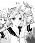  1boy 2girls bangs bass_clef bishounen black_collar bow collar comb expressionless greyscale hair_bow hair_ornament hairclip hands_up hatsune_miku holding_comb impressed kagamine_len kagamine_rin long_hair looking_at_another monochrome multiple_girls naoko_(naonocoto) necktie parted_lips pursed_lips sailor_collar school_uniform short_hair short_sleeves sparkle spiky_hair swept_bangs twintails upper_body very_long_hair vocaloid white_bow 