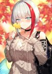  1girl admiral_graf_spee_(azur_lane) admiral_graf_spee_(daily_peaceful_life)_(azur_lane) aran_sweater autumn_leaves azur_lane bag bangs bare_shoulders black_choker blue_eyes blurry blurry_background blush brown_sweater choker closed_mouth commentary_request depth_of_field eyebrows_visible_through_hair ginkgo_leaf hands_up holding holding_leaf kinsenka_momi leaf long_sleeves looking_at_viewer maple_leaf multicolored_hair redhead short_hair shoulder_cutout silver_hair sleeves_past_wrists smile solo streaked_hair sweater 