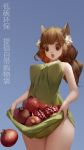  1girl :o animal_ears apple b.bor bare_arms bare_shoulders blue_background breasts brown_eyes brown_hair cat_ears cat_girl chinese dress dropping food fruit green_dress highres large_breasts long_hair looking_down original pomegranate simple_background sleeveless sleeveless_dress solo surprised translation_request 