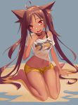  1girl :d absurdres ahoge animal_ears bare_legs barefoot bikini bikini_top bikini_under_clothes black_bikini_top black_choker blush brown_hair cat_ears choker commentary_request dark_skin facial_mark fang full_body grey_background hand_on_own_chest head_tilt highres long_hair looking_at_viewer navel open_clothes open_fly open_mouth open_shorts original red_eyes sand see-through shirt short_shorts short_sleeves shorts simple_background sitting smile soukou_(koicen) swimsuit tied_shirt twintails upper_teeth very_long_hair wariza wet wet_clothes wet_shirt yellow_shorts 