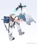  1girl absurdres aqua_hair back bag bare_shoulders bent_over black_gloves flying gloves gradient gradient_background gun half_gloves hands_on_own_knees highres mecha medium_hair nogchasaeg_(karon2848) open_mouth original red_eyes shoes sneakers sweat weapon 