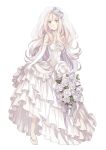  1girl bad_id bad_pixiv_id blush bouquet bride copyright_request dress flower full_body gloves gown gradient_hair hair_ornament layered_dress long_hair multicolored_hair pink_eyes pink_hair shoes simple_background skirt_hold smile strapless strapless_dress veil wedding_dress white_background white_dress yuzuki_karu 