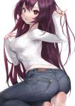  1girl absurdres ass breasts charles_(106858) denim fate/grand_order fate_(series) hair_intakes hand_in_hair highres jeans kneeling long_hair long_sleeves looking_at_viewer looking_back pants purple_hair red_eyes scathach_(fate)_(all) scathach_(fate/grand_order) shirt simple_background solo white_background white_shirt 