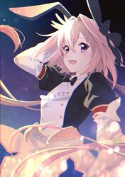  1boy astolfo_(fate) astolfo_(saber)_(fate) bangs black_bow black_ribbon blush bow dress fate/grand_order fate_(series) hair_between_eyes hair_bow hair_intakes hair_ribbon hakka_(88hk88) long_hair long_sleeves looking_at_viewer multicolored_hair night night_sky open_mouth otoko_no_ko pink_hair ribbon sky smile solo streaked_hair twintails violet_eyes white_hair 