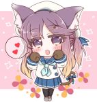  1girl :d animal_ear_fluff animal_ears beret black_legwear blue_bow blue_sailor_collar blue_skirt bow brown_hair cat_ears cat_girl cat_hair_ornament cat_tail chibi commentary_request fang full_body fur-trimmed_sleeves fur_trim gloves gradient_hair grey_footwear hair_ornament hairclip hat heart kantai_collection kemonomimi_mode loafers long_hair long_sleeves multicolored_hair open_mouth paw_gloves paws pink_background pleated_skirt ponytail purple_hair ridy_(ri_sui) sailor_collar school_uniform serafuku shirt shoes sidelocks skirt smile solo sparkle spoken_heart standing tail tail_bow thigh-highs tsushima_(kantai_collection) two-tone_background very_long_hair violet_eyes white_background white_headwear white_shirt 