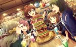  5girls bacon blue_eyes blush brown_hair diner dutch_angle earrings fast_food food food_awe french_fries green_eyes hair_ornament hamburger handa_roko highres hood hoodie ice_cream ice_cream_float idolmaster idolmaster_million_live! idolmaster_million_live!_theater_days jewelry ketchup long_hair maihama_ayumu marimo_(momiage) menu multiple_girls mustard nagayoshi_subaru open_mouth pink_hair ponytail restaurant satake_minako short_hair sparkle suou_momoko too_many too_much_hamburger 