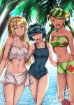  3girls bare_shoulders bikini blonde_hair blue_eyes blue_hair braid closed_mouth covered_navel dark_skin goggles goggles_on_head green_eyes green_hair hair_ornament highres lillie_(pokemon) long_hair low_twintails mallow_(pokemon) midriff multiple_girls navel one-piece_swimsuit open_mouth pokemon short_hair shorts signature smile staryu suiren_(pokemon) swimsuit takecha teeth tree twintails water 