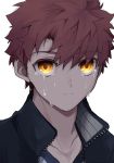  1boy crying crying_with_eyes_open emiya_shirou fate/stay_night fate_(series) highres jacket kamo_0707 male_focus open_clothes open_jacket redhead sad solo tagme tears type-moon yellow_eyes 