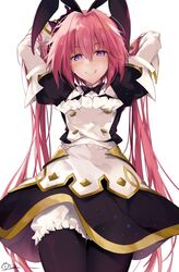  1boy arms_behind_head arms_up astolfo_(fate) astolfo_(saber)_(fate) bangs black_bow black_legwear black_ribbon blush bow closed_mouth dress fate/grand_order fate_(series) hair_between_eyes hair_bow hair_intakes hair_ribbon hirai_yuzuki licking_lips long_hair long_sleeves looking_at_viewer multicolored_hair otoko_no_ko pink_hair ribbon simple_background smile solo streaked_hair tongue tongue_out twintails violet_eyes white_background white_hair 