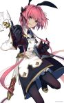  1boy animal_ears apron artist_name astolfo_(fate) astolfo_(saber)_(fate) bangs black_bow black_dress black_gloves black_legwear black_ribbon bow bowtie buttons collar commentary_request dress eyebrows_visible_through_hair eyes_visible_through_hair fake_animal_ears fang fate/grand_order fate_(series) floating_hair gloves hair_ribbon hands_up holding holding_sword holding_weapon long_sleeves multicolored_hair pantyhose petticoat pink_hair rabbit_ears ribbon scabbard sheath shiny shiny_hair short_hair_with_long_locks sidelocks smirk solo standing standing_on_one_leg streaked_hair sword two-tone_dress two-tone_hair violet_eyes weapon white_apron white_background white_dress white_hair wide_sleeves zeromomo 
