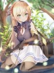 1girl arisa_(shadowverse) bangs bare_shoulders belt blonde_hair blush boots breasts commentary elbow_gloves elf eyebrows_visible_through_hair gloves green_eyes hair_ribbon highres holding in_water kichi_(kichifav) kneeling long_hair looking_at_viewer medium_breasts pointy_ears princess_connect! princess_connect!_re:dive red_ribbon ribbon shadowverse skirt smile solo thigh-highs thigh_boots 