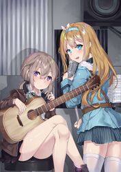  2girls blue_eyes brown_hair crossed_legs fang fuyukin_chiba girls_frontline guitar hairband headphones headphones_around_neck highres instrument jacket light_brown_hair looking_back m200_(girls_frontline) microphone microphone_stand multiple_girls sheet_music studio suomi_kp31_(girls_frontline) thigh-highs violet_eyes 