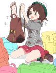  1girl :d backpack bag brown_eyes brown_footwear brown_hair full_body green_headwear grey_cardigan hat ixy open_mouth pokemon pokemon_(game) pokemon_swsh red_shorts shoes short_hair shorts simple_background sitting smile solo tam_o&#039;_shanter thighs white_background yuuri_(pokemon) 