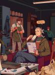  3boys :d absurdres apron black_eyes book broom closed_eyes coat coat_removed crossed_legs cup gloves grey_hair highres holding holding_broom indoors jacket james_moriarty_(kabukichou_sherlock) john_watson_(kabukicho_sherlock) kabukichou_sherlock lantern male_focus microscope mug multiple_boys open_mouth orange_gloves paper_lantern plate requiemzz shelf sherlock_holmes_(kabukicho_sherlock) shirt sitting smile standing sweatdrop trashbag white_shirt wrapper 