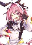  1boy astolfo_(fate) astolfo_(saber)_(fate) bangs black_bow black_ribbon blush bow dress fang fate/grand_order fate_(series) guribato hair_between_eyes hair_bow hair_intakes hair_ribbon highres long_hair long_sleeves looking_at_viewer multicolored_hair one_eye_closed open_mouth otoko_no_ko pink_hair ribbon simple_background smile solo streaked_hair twintails violet_eyes w white_background white_hair 