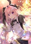  1boy :d alternate_hairstyle animal_ears apron astolfo_(fate) backlighting black_bow black_dress black_gloves black_hairband black_neckwear blurry blurry_background blush bokeh bow bowtie commentary_request depth_of_field detached_sleeves dress fate/grand_order fate_(series) gloves hair_bow hair_intakes hairband highres iroha_(shiki) lens_flare long_hair long_sleeves looking_at_viewer low_twintails male_focus open_mouth otoko_no_ko pink_hair rabbit_ears smile solo twintails very_long_hair violet_eyes white_apron 