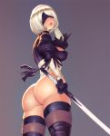  1girl ass black_blindfold black_legwear blindfold breasts grey_background katana kupocun looking_at_viewer looking_back medium_breasts mole mole_under_mouth nier_(series) nier_automata parted_lips short_hair skindentation solo sword thick_thighs thigh-highs thighs weapon white_hair yorha_no._2_type_b 
