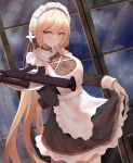  1girl absurdres bangs blonde_hair breasts choker closed_mouth cowboy_shot dress dress_lift eyebrows_visible_through_hair girls_frontline gun hair_ribbon highres holding holding_tray indoors long_hair looking_at_viewer maid maid_headdress night ots-14 ots-14_(girls_frontline) ribbon rifle ru_zhai solo tray very_long_hair weapon window yellow_eyes 