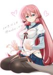  1girl akashi_(kantai_collection) blue_eyes blue_skirt blush breasts dated eyebrows_visible_through_hair hair_between_eyes hair_ribbon heart jewelry kantai_collection lap_pillow large_breasts long_hair long_sleeves looking_at_viewer mokerou pink_hair pleated_skirt ribbon ring school_uniform serafuku sitting skirt smile solo tenga thigh-highs tress_ribbon wedding_band 