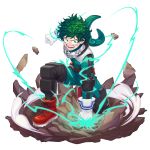 1boy blush bodysuit boku_no_hero_academia clenched_hands commentary_request energy freckles gloves green_bodysuit green_eyes green_hair highres looking_at_viewer messy_hair midoriya_izuku open_mouth red_footwear short_hair simple_background solo sumone_btk teeth white_background white_gloves 