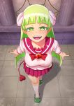  1girl arms_at_sides babyls_school_uniform bangs blunt_bangs bow bowtie breasts brooch column commentary_request demon_girl demon_horns demon_tail fingernails foreshortening from_above green_eyes green_hair heart heart_tail highres horns jewelry kneehighs large_breasts light_particles long_hair looking_at_viewer looking_up mairimashita!_iruma-kun nail_polish open_mouth oshiza pillar pink_shirt pleated_skirt pointy_ears red_nails red_neckwear red_sailor_collar red_skirt sailor_collar school_uniform serafuku shadow sharp_teeth shirt short_sleeves skirt sleeves_past_elbows slippers solo standing tail teeth tile_floor tiles upper_teeth valac_clara very_long_hair white_legwear 