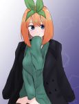  1girl absurdres aran_sweater bangs between_legs black_jacket blue_eyes breasts closed_mouth commentary_request eyebrows_behind_hair go-toubun_no_hanayome green_ribbon green_sweater hair_between_eyes hair_ribbon hand_between_legs hand_up highres jacket jacket_on_shoulders kujou_karasuma long_sleeves looking_at_viewer medium_breasts nakano_yotsuba orange_hair ribbon sitting sleeves_past_wrists smile solo sweater 