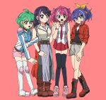  4girls blue_hair bnygo bracelet bracelet_girls choker earrings exposed_shoulders feathers full_body green_eyes green_hair high_ponytail hiiragi_yuzu jacket kurosaki_ruri long_hair orange_hair pink_eyes pink_hair purple_hair rin_(yuu-gi-ou_arc-v) serena_(yuu-gi-ou_arc-v) short_twintails smile standing yellow_bow yuu-gi-ou yuu-gi-ou_arc-v zettai_ryouiki 